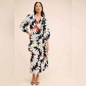 FARM Rio Black & White Floral Midi Dress with Red Accents